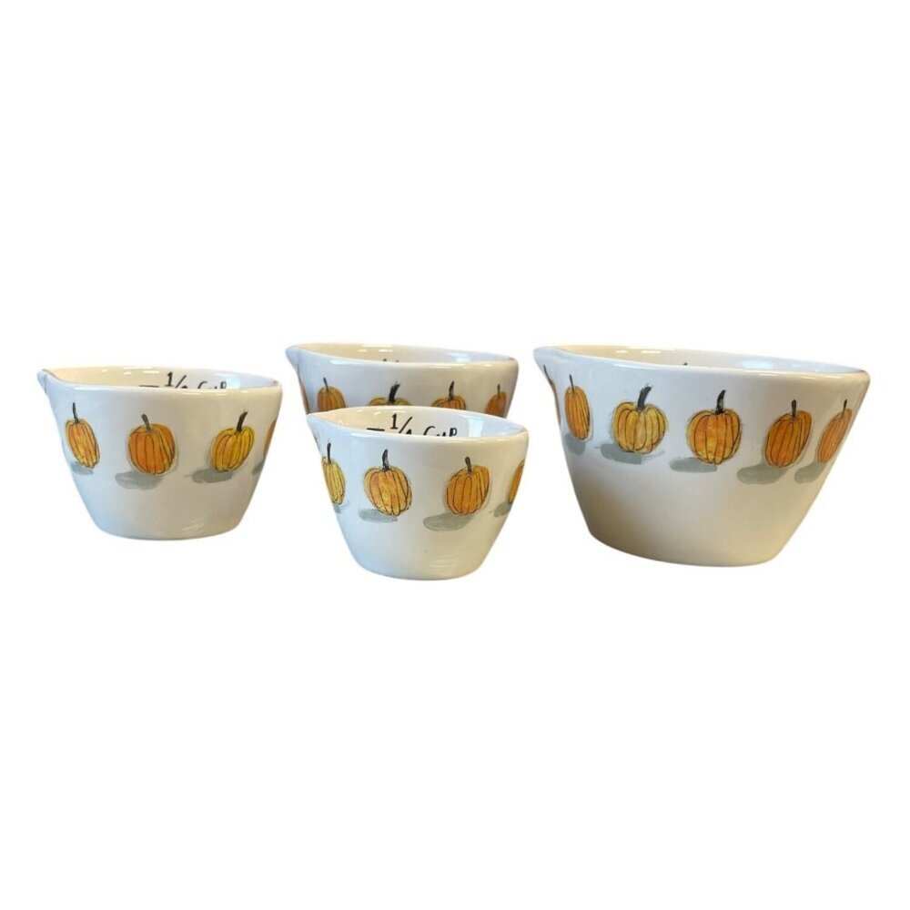 Rae Dunn White Ceramic Measuring Cups with Yellow Pumpkin Motif